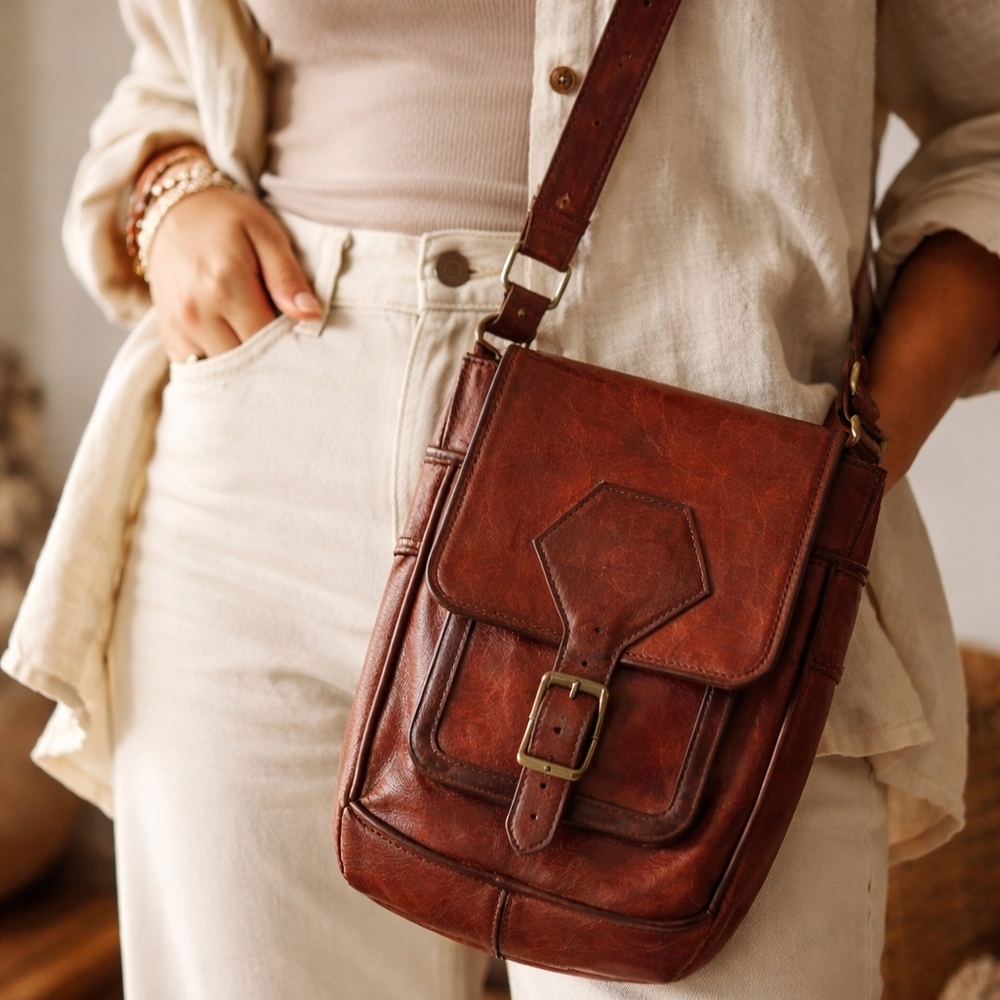 Vintage Handmade Leather Crossbody Bag – Rich  Red / Brown Boho Satchel